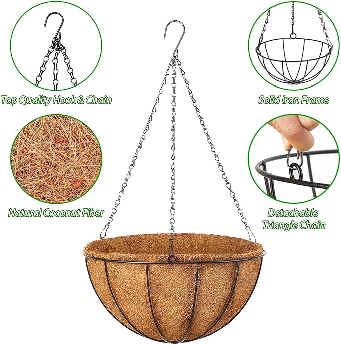 Hanging Baskets Planter for Plants - 2 Pack 12 Inch Metal Baskets with Coco Coir Liner, Hanging Flower Pots for Outside with Chain, Indoor Outdoor Garden Porch Decoration (12'' Pack of 2)