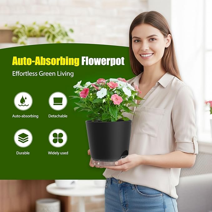 Plant Pots 8 Inch Self Watering Pots, 2 Pack Plastic Planters with Drainage Holes and Clear Saucers,Plastic Flower Pots for Indoor Out Door Plants (Black)
