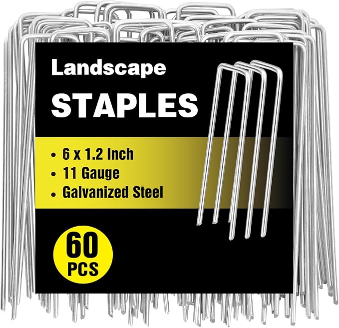 HongWay 60 Pack 6 Inch Landscape Staples, Galvanized Garden Stakes 11 Gauge Plant Cover Stakes U-Shaped Tent Stakes Landscaping Pins Yard Ground Staples for Lawn, Turf, Fence, Irrigation Hose