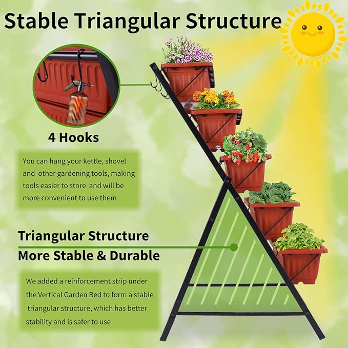 Homdox 3.74FT Vertical Garden Bed, 5 Tiers Raised Garden Planter, 23 * 26 * 45Inch Outdoor Stand with 4 Hooks for Vegetable Flower, Patio Yard, Brown