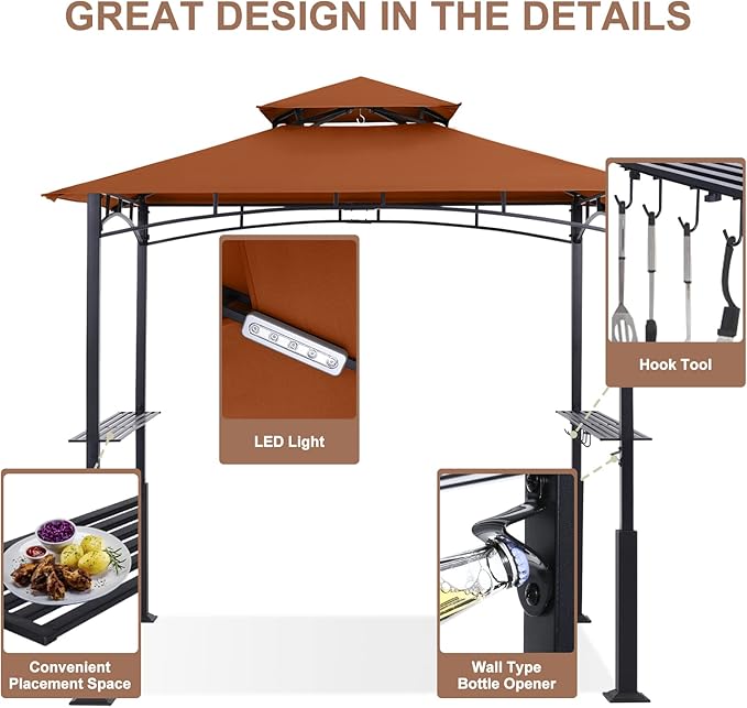 ABCCANOPY 8x5 Grill Gazebo - Outdoor BBQ Canopy Shelter with Led Light for Patio Backyard Grilling (Rust Red)