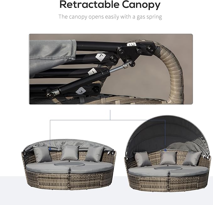 Outsunny 4-Piece Round Convertible Daybed with Cushions, Outdoor PE Rattan Patio Wicker Sofa Set, Sunbed with Adjustable Sun Canopy, Sectional Sofa, 2 Chairs, Table, 3 Pillows, Gray