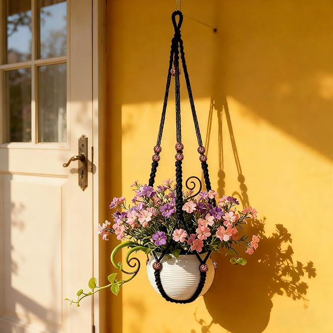 35 Inch Macrame Plant Hanger, Large for up to 15 Inch Pot Extra Long Hanging Planter Holder Basket with Wood Beads for Indoor Outdoor Home Decor (Black, 2-Pack)