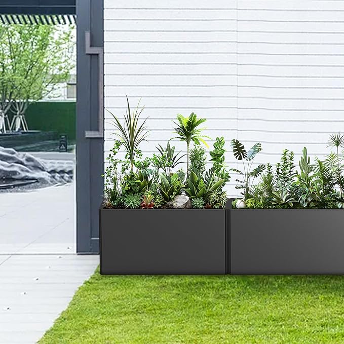 Metal Planter Box - Rectangular Trough, All-Weather Durable with 4 Drainage Holes, 25x11x13 Inches for Porch & Patio, Black