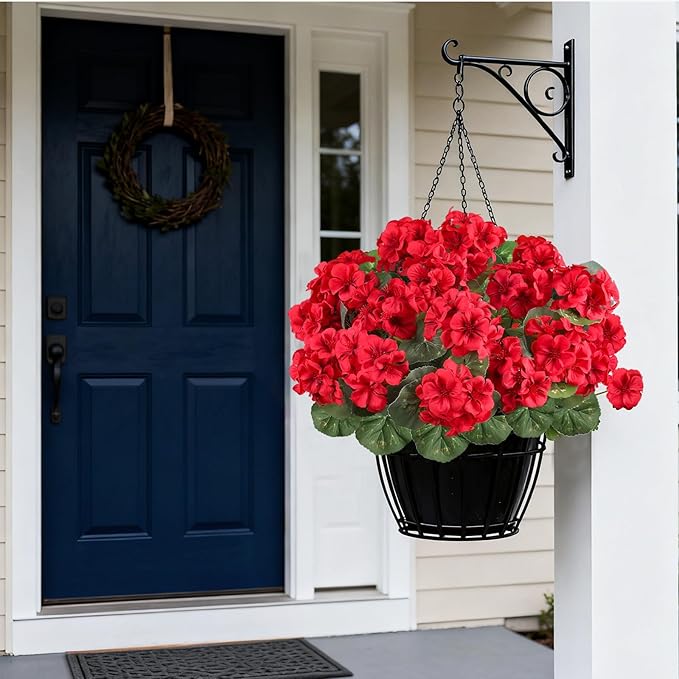 Artificial Flowers for Outdoors, 6 Bundles Realistic Silk Fake Red Geraniums, No Fade Faux Plastic Flowers for Outdoor Planters, Hanging Baskets, Window Boxes, Porch, Patio Decor