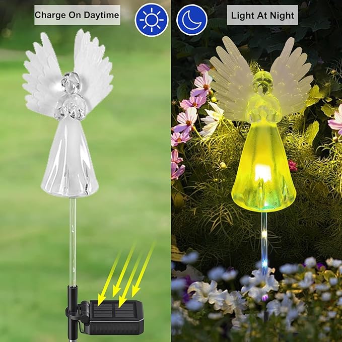 4 Pack Solar Angel Lights Outdoor Decor, Decorative Color Changing Waterproof LED Angel Stake Lights for Cemetery Grave Garden Patio Yard Art Lawn Decoration, Grave Markers, Memorial Gifts