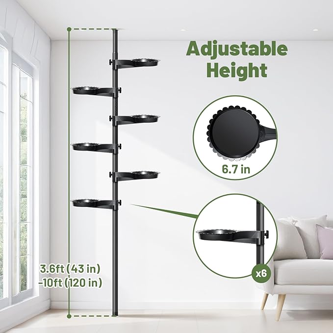 Tension Rod Plant Stand, Plant Poles for Hanging Plants Indoor, 6 Tier Tension Pole Plant Hanger, Floor to Ceiling Plant Pole with 6 Trays Hanging Plant Stand (Fit 3.6-10ft Ceiling)