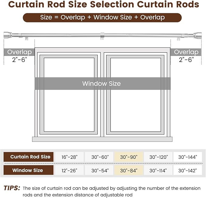 1” Diameter Silver Curtain Rods Itself is 30 to 90 inch, 1 Pack Fit 30-84 inch Windows with Heavy Duty Adjustable Rod 1 Inch Diameter Splicing Metal Extra Long Curtain Rod