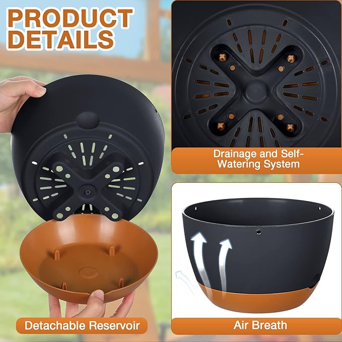 Mumufy 6 Pcs 8 Inch Hanging Planters, Dark Gray, Plastic with Drainage Hole and Removable Saucer, Suitable for Indoor and Outdoor Plants