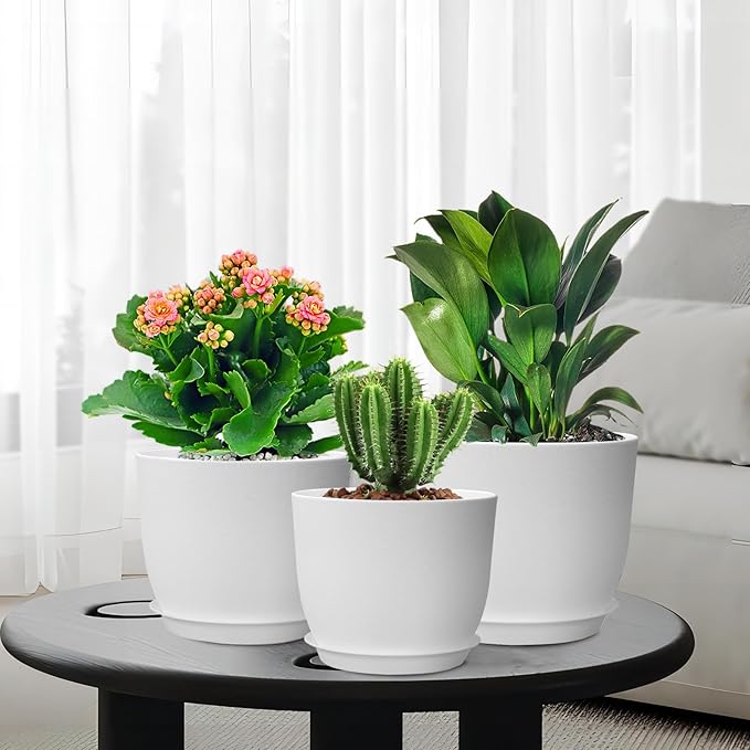 10/9/8 inch Medium Flower Pots, 3 Pack Modern Decorative Plastic Planters with Drainage Holes and Tray, Plant Pots for Indoor Outdoor Plants, White