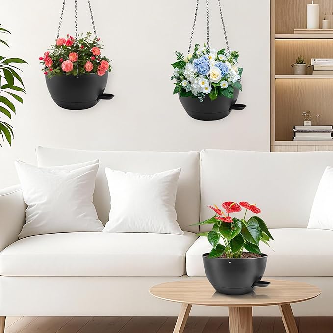 10 inch Hanging Planters for Indoor Plants, 3 Pack Self-Watering Hanging Planter Pots with Chain and Drainage Holes, Outdoor Plastic Hanging Baskets for Garden Home Decor (Black, 3pcs/10inch)