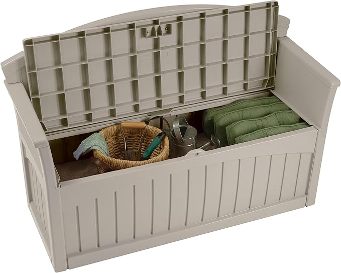 Suncast Outdoor Storage Bench - 50 Gallon Taupe Resin Outdoor Bench with Storage for Cushions, Tools & More. All-Weather Patio Deck Box with Seat for Porch, Pool, Yard, & Garden, Made in USA