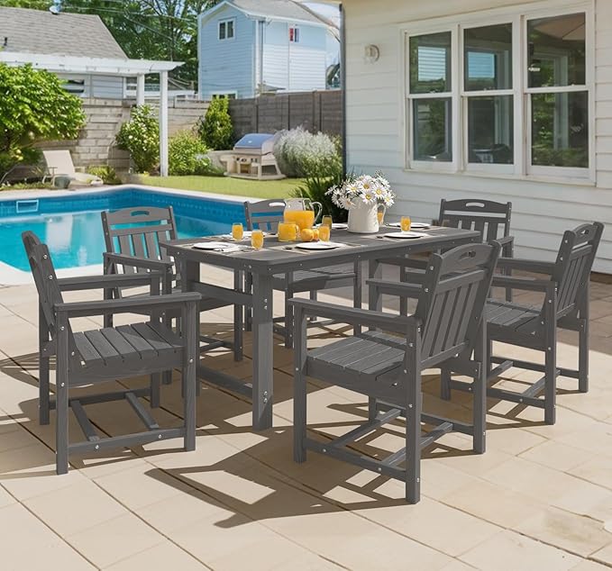 Ciokea HDPE Outdoor Dining Table with Umbrella Hole,66" Rectangle Patio Table for 6,All-Weather Outdoor Patio Furniture Set for Garden Backyard,Grey