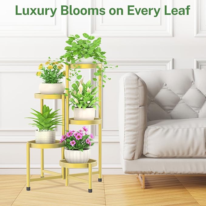 iDavosic.ly Plant Stand Indoor Outdoor, 5 Tier Corner Metal Flower Display Holder Shelf, Easy Assembly Folding Tall Orchid Rack for Patio Balcony Porch Garden Living Room House, Gold