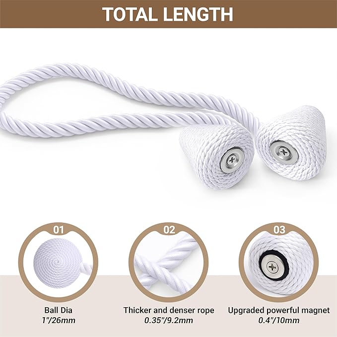 Hion Magnetic Curtain Tiebacks White 2pcs, Curtain Tiebacks Buckles Holdbacks Holders Hooks Clip for Home Bedroom Office Decorative Curtain