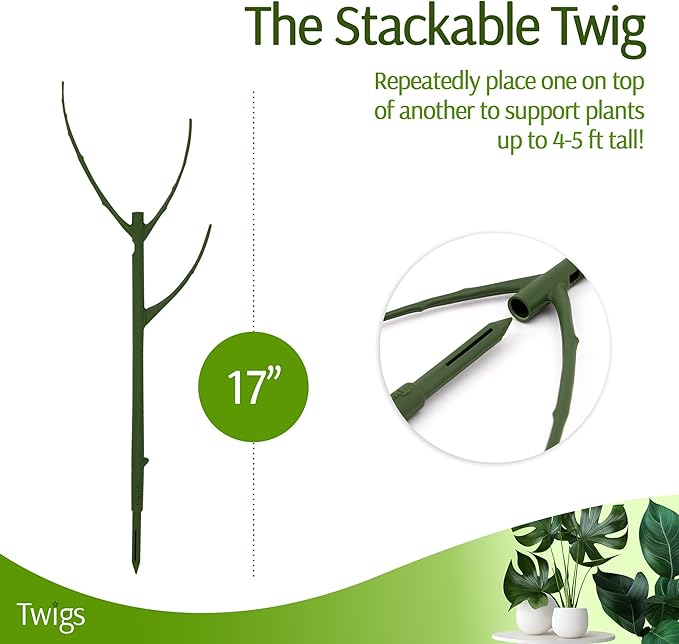 Stackable Plant Support Stakes, Indoor & Outdoor Houseplant Stem Support, Garden Accessories, Trellis Alternative for Climbing & Potted Plants - Monstera (Dark Green), 10 Pack, 17" L