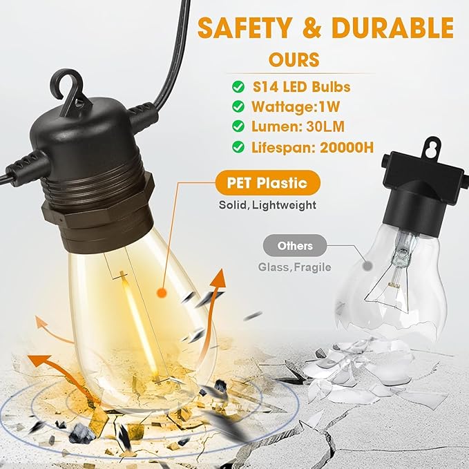 50FT LED Outdoor String Lights with 16 Shatterproof Waterproof S14 Replaceable Bulbs(1 Spare), 2700K Commercial Grade Patio Lights, Outside Hanging Light for Yard Garden Porch Deck Decor