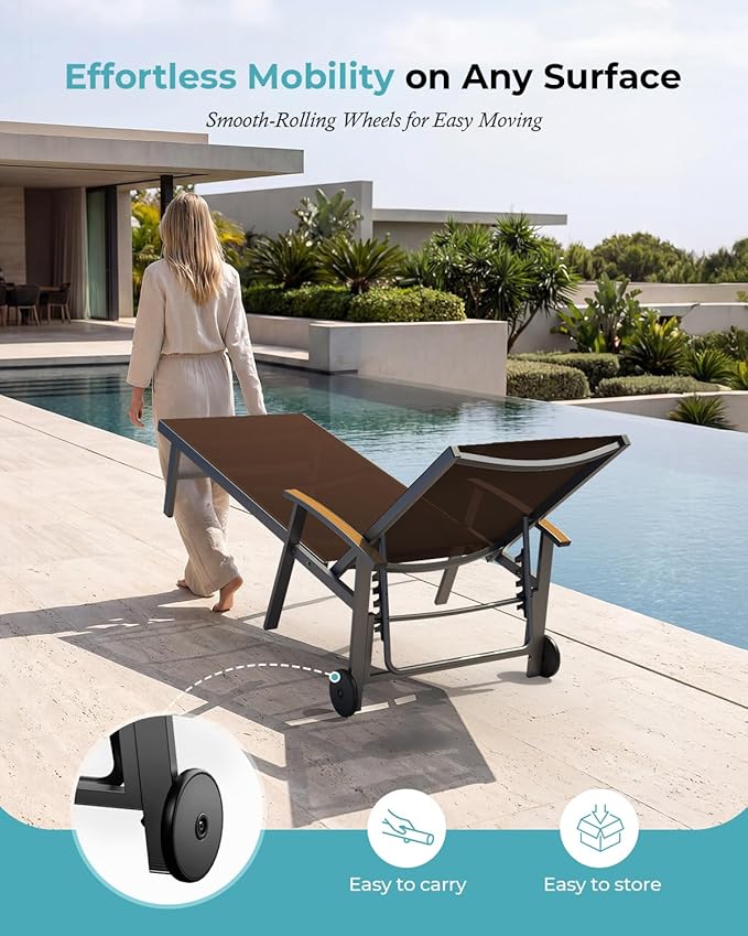 Ciokea Outdoor Lounge Chair with Pillow Set of 2, 5-Position Aluminum Chaise Lounge with Wheels & Armrests, 400 lbs Heavy Duty Patio Pool Chair for Backyard, Deck, Beach & Poolside, Brown