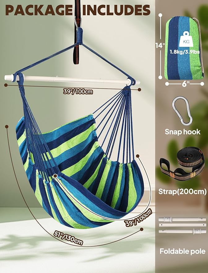 Chihee Hammock Swing Chair - Strong Metal, Collapsible, Portable, Max 500 lbs, Comfy Seat, Patio & Lawn, Cotton Blended, Indoor/Outdoor