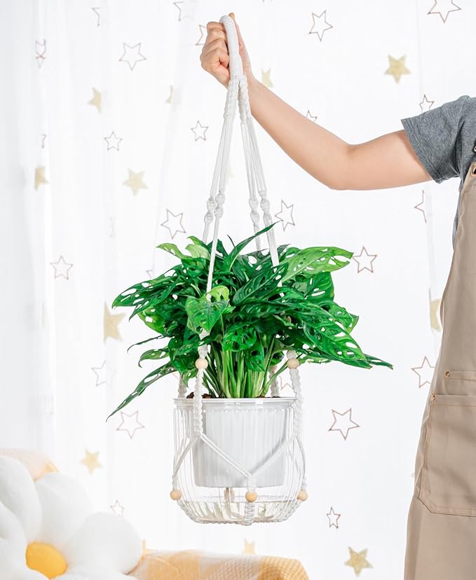 Melphoe Self Watering Hanging Planters for Indoor Plants, 1 Pack 8.3 Inch Outdoor Hanging Plant Pot Basket, 2 Kinds of Hangers Macrame 35.5’’ & Metal Chain 19.6’’ for Garden Home Decor