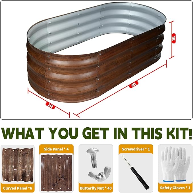 Galvanized Raised Garden Bed Outdoor, Large Raised Bed for Gardening, 4x2x1ft Oval Metal Planter Box for Vegetables, Fruits, Flowers, Dark Brown Wood Grain