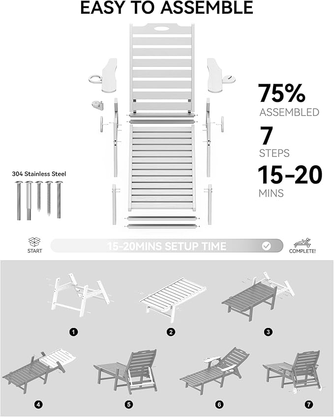 Carauci Lounge Chair Outdoor Set of 2, HDPE Chaise Lounge with Wheels, 5-Position Adjustable Backrest & 2 Cup Holders Patio Lounge Chair, All-Weather Pool Sun Lounger for Poolside, Backyard, White