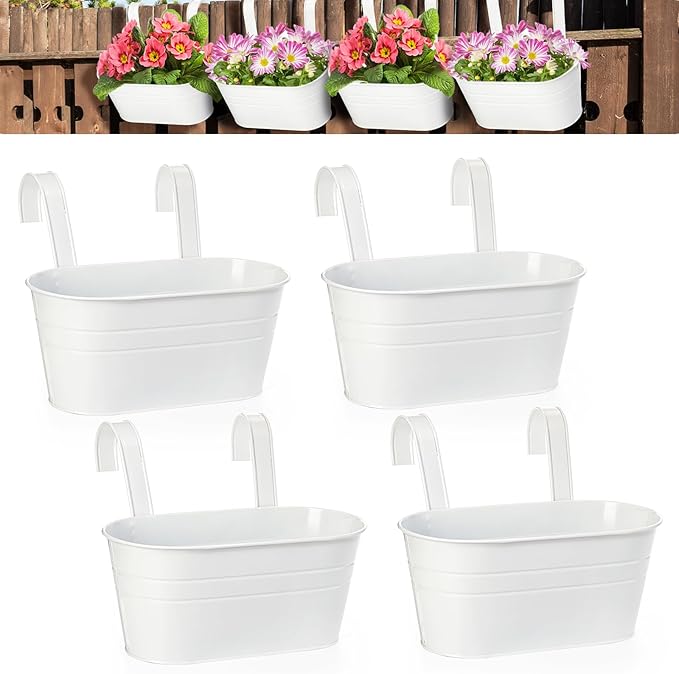 Foraineam 4 Pack Hanging Flower Pots, Metal Iron Plant Pot Holders, Large Fence Railing Balcony Garden Hanging Bucket Planters with Detachable Hooks for Indoor and Outdoor Decor