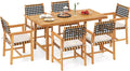 Tangkula 7 Piece Patio Dining Set for 6 People, 63” Outdoor Rectangular Acacia Wood Table with 1.97” Umbrella Hole & 6 Armchairs with Padded Seat Cushions, for Deck Yard and Poolside