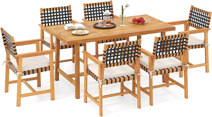 Tangkula 7 Piece Patio Dining Set for 6 People, 63” Outdoor Rectangular Acacia Wood Table with 1.97” Umbrella Hole & 6 Armchairs with Padded Seat Cushions, for Deck Yard and Poolside