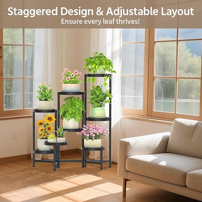 LASZOLA 8 Tiered Folding Plant Stand Indoor for Multiple Large Planter, Tall Heavy Duty Adjustable Rack with Rust Proof Plastic Shelving, Sturdy Vertical Tree Organizer for Narrow Inside Floor, Black