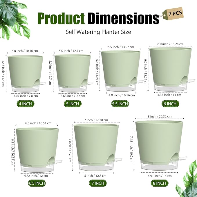 Plant Pots 4/5/5.5/6/6.5/7/8 Inch Self Watering Pots, 7 Pack Plastic Planters with Drainage Holes and Clear Saucers,Plastic Flower Pots,Nursery Planting Pot for Indoor Out Door Plants (Green)