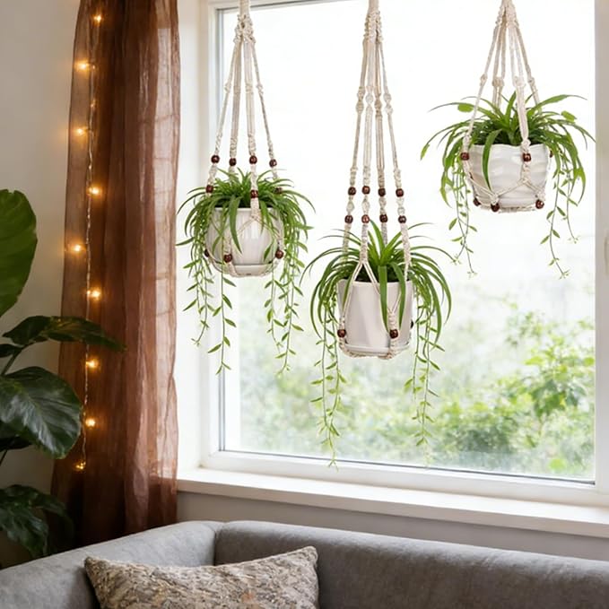 YIBOT 3 Pack Macrame Plant Hangers Indoor Different Size Hanging Planter Basket Flower Pot Holder with Beads No Tassels 35"/29"/23"(POTS NOT Included)