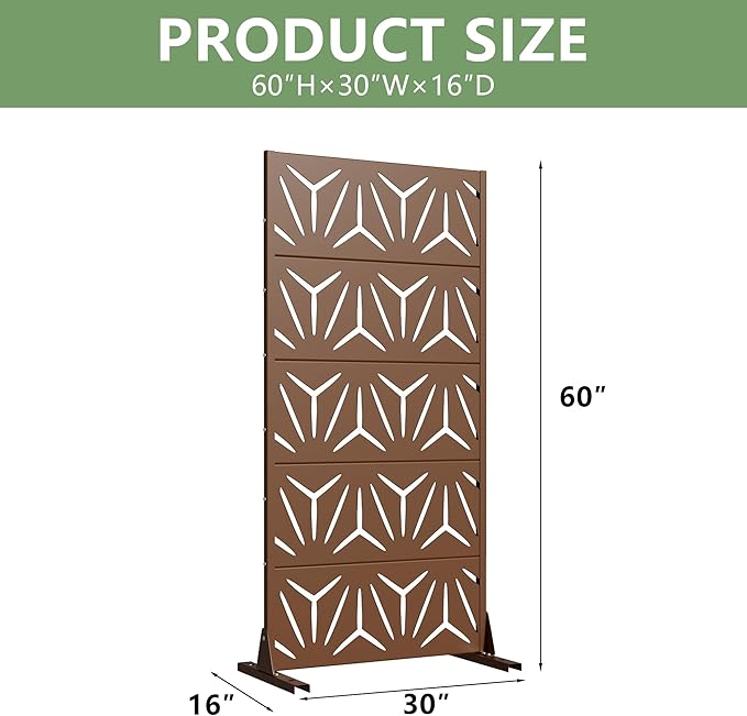 Casaphoria Metal Privacy Screen Outdoor, 60" H x 30" W Freestanding Decorative Privacy Screen for Patio Deck Balcony Garden with Stable Base, Brown-Star