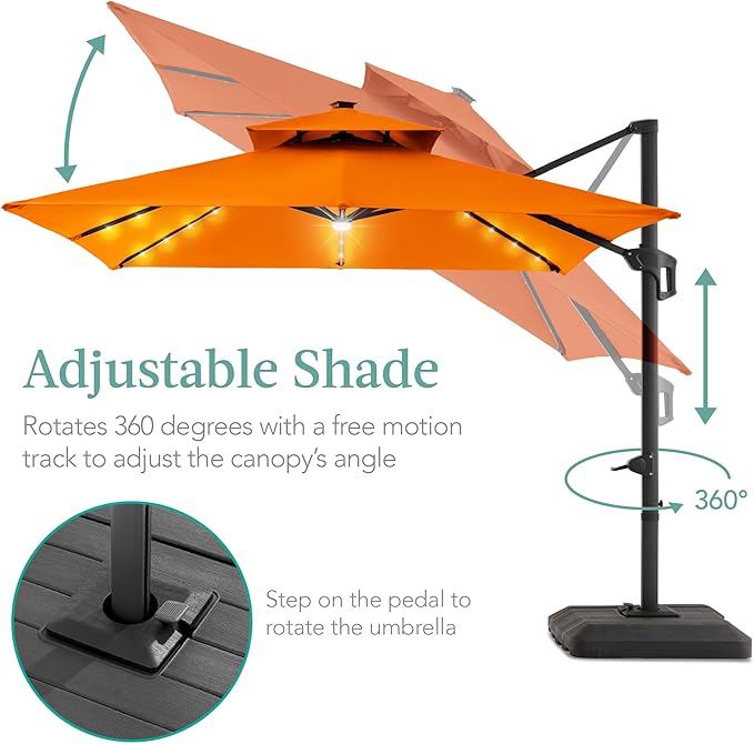 Best Choice Products 10x10ft Cantilever Patio Umbrella w/Base Included, Solar LED Lights 360 Rotation Large Offset Hanging Outdoor Shade for Deck Pool Backyard w/Stand – Orange