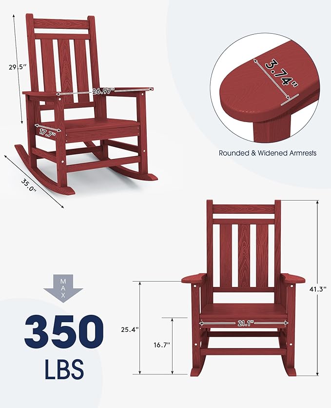 KINGYES Oversized Outdoor Rocking Chair Set of 2, All-Weather Patio Rocking Chairs for Porch, HDPE Outdoor Patio Rockers with High Back & Wide Seat for Garden, Lawn, Red