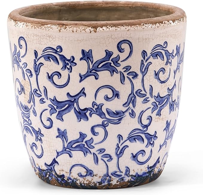 Vintage Ceramic Planter with Drainage Hole, Plastic Tray & Mesh, 6.5 Inch - Indoor/Outdoor Flower Pot, Blue Floral Rustic Farmhouse Design Plant pot for Home, Office & Garden Décor, Ideal Gift