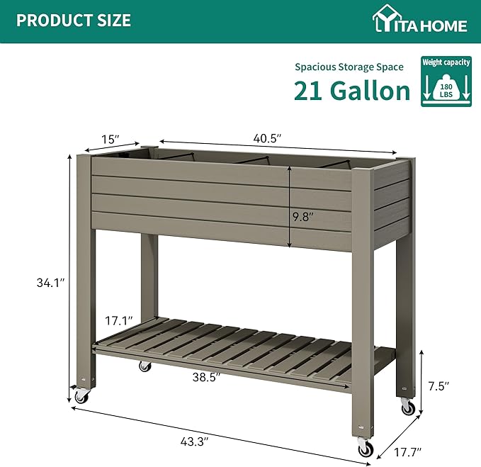 YITAHOME 43.3x17.7x34 in Elevated Garden Bed 2pcs, Outdoor Plastic Planter Box with Wheels, Legs, Drain Plug, and Storage Shelf for Plants, Vegetables, Flowers, Herbs, Light Brown