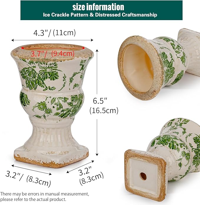Sungmor Small Ceramic Urn Planter - Green Scroll Floral Pedestal Flower Pot, Decorative Vintage Chinoiserie Style Planters, Tuscan Accent Vase Indoor Outdoor Plant Holder with Drainage