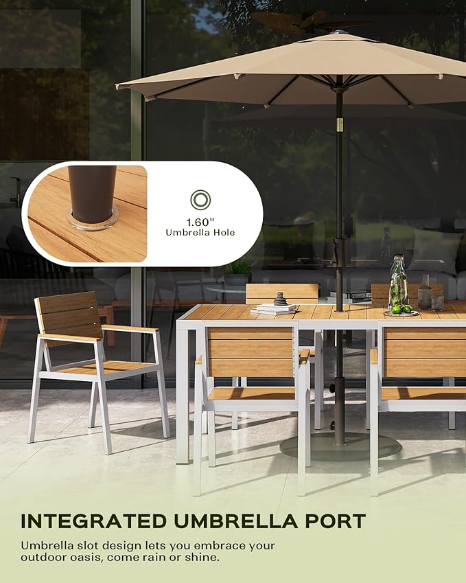 5-Piece Outdoor Dining Set, Aluminum Dining Table Set for 4, Patio Table and Chairs Set with Umbrella Hole, All Weather HDPS Outdoor Table and Chairs for 4 (White-Teak)