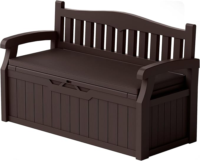Devoko 80 Gallon Storage Bench with Cushion, Lockable Deck Box for Patio Furniture, Garden Decor and Outdoor Seating for Cushions, Garden Tools and Pool Supplies (Dark Brown, 80 Gallon with Cushion)