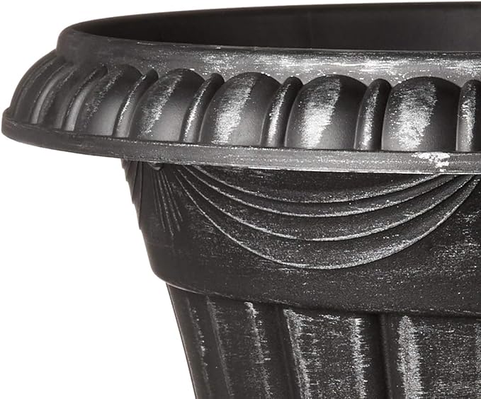 Arcadia Garden Products PL00SL Classic Traditional Plastic Urn Planter, Indoor/Outdoor Garden Plant Pot Garden Décor, 16” x 18”, Brushed Silver