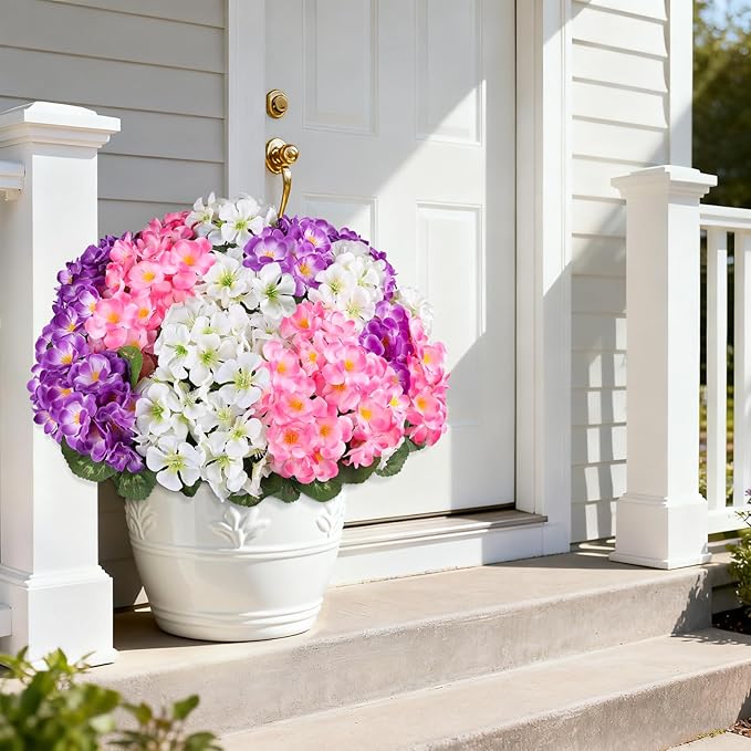 Artificial Geraniums Flowers for Outdoors, 6 Bundles Realistic Silk Fake Geranium, No Fade Faux Plants for Hanging Baskets, Window Boxes, Planters - Porch, Patio, Garden Decor(Mix Colors)