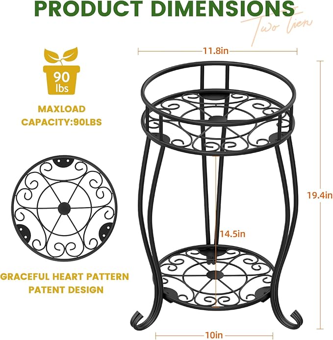 TOSKING 2 Tier Metal Plant Stand Indoor Outdoor , Rustproof Stable Plant Stands Multiple Plant Rack Holder Flower Pot Stand for Living Room Balcony Garden Patio Bedroom (Black, 19.5)