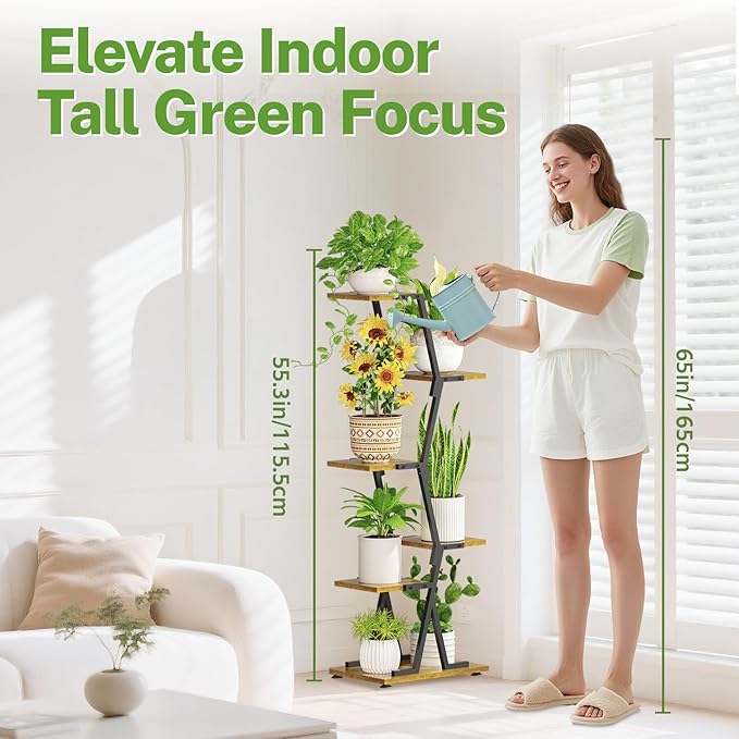 iDavosic.ly 5 Tier Indoor Plant Stand with Grow Light, Corner Tall Metal & Wood Flower Shelf, Orchid Display Rack for Living Room Balcony, Space Saving & Multifunctional Display, Black & Brown
