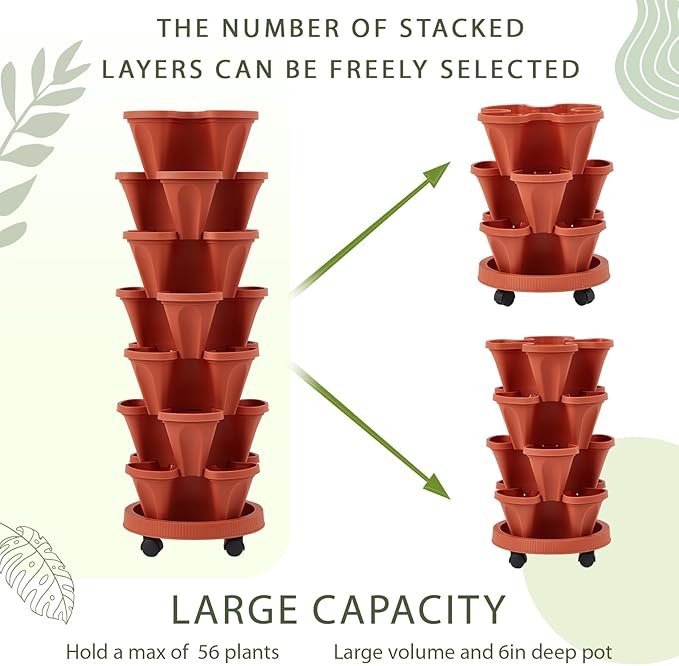 Umigy 2 Set of 7 Tier Vertical Planter Stackable Tower Planters Strawberry Herb Flower and Vegetable Pots Indoor Outdoor Gardening Pots with Removable Wheels and Tools(Brick Red)