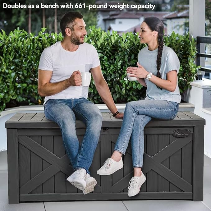YITAHOME 150 Gallon Large Deck Box with X-Shaped Front, Resin Outdoor Storage Boxes, Waterproof Cushion Storage Bench for Patio, Pool Supplies, Garden Tools - Lockable, Dark Gray
