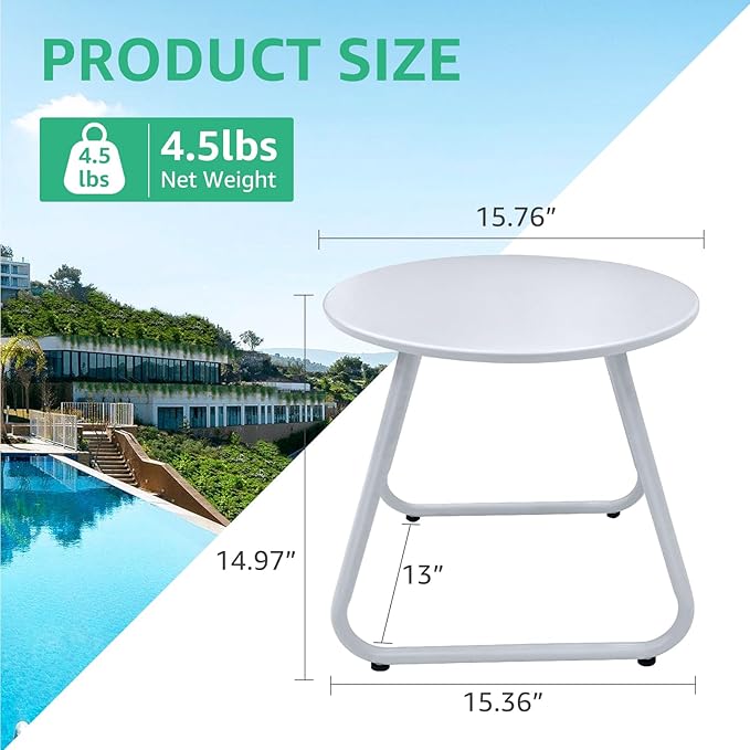 Patio Outdoor Coffee Table Set of 2, Weather Resistant Steel Round End Tables, Outdoor Nesting Table for Patio, Balcony, Bistro and Indoor, Black (White)