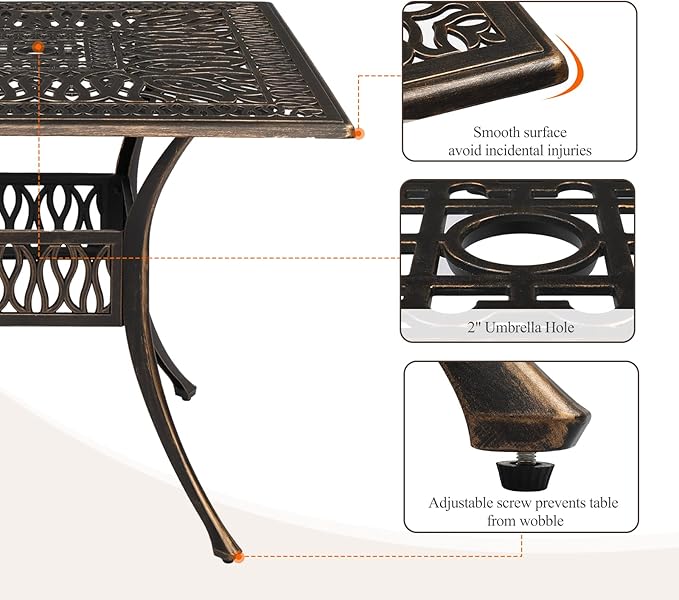 VINGLI Patio Dining Table with Umbrella Hole, Cast Aluminum Outdoor Bistro Furniture for Garden (35.4" Lx35.4 Wx29.5 H)