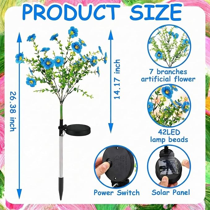 2 Pack Solar Stake Lights Outdoor Decor Waterproof Mums Artificial Flowers Solar Lights for Outdoor Garden Yard Pathway Decor (Blue,Violet)