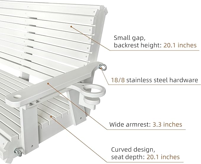 HDPE Porch Swing with 18/8 Stainless Steel Bolts, Ergonomic Design, Ultra Weather-Resistant, Heavy Duty 1200 LBS, for Outdoor Patio Garden Yard (Vanilla White)